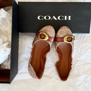 Coach Brown Signature Logo Ballet Flats with Gold Buckle Accent